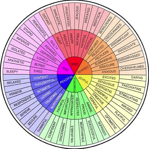 Emotions color wheel showing Sad, Mad, and Scared as the three root negative emotions