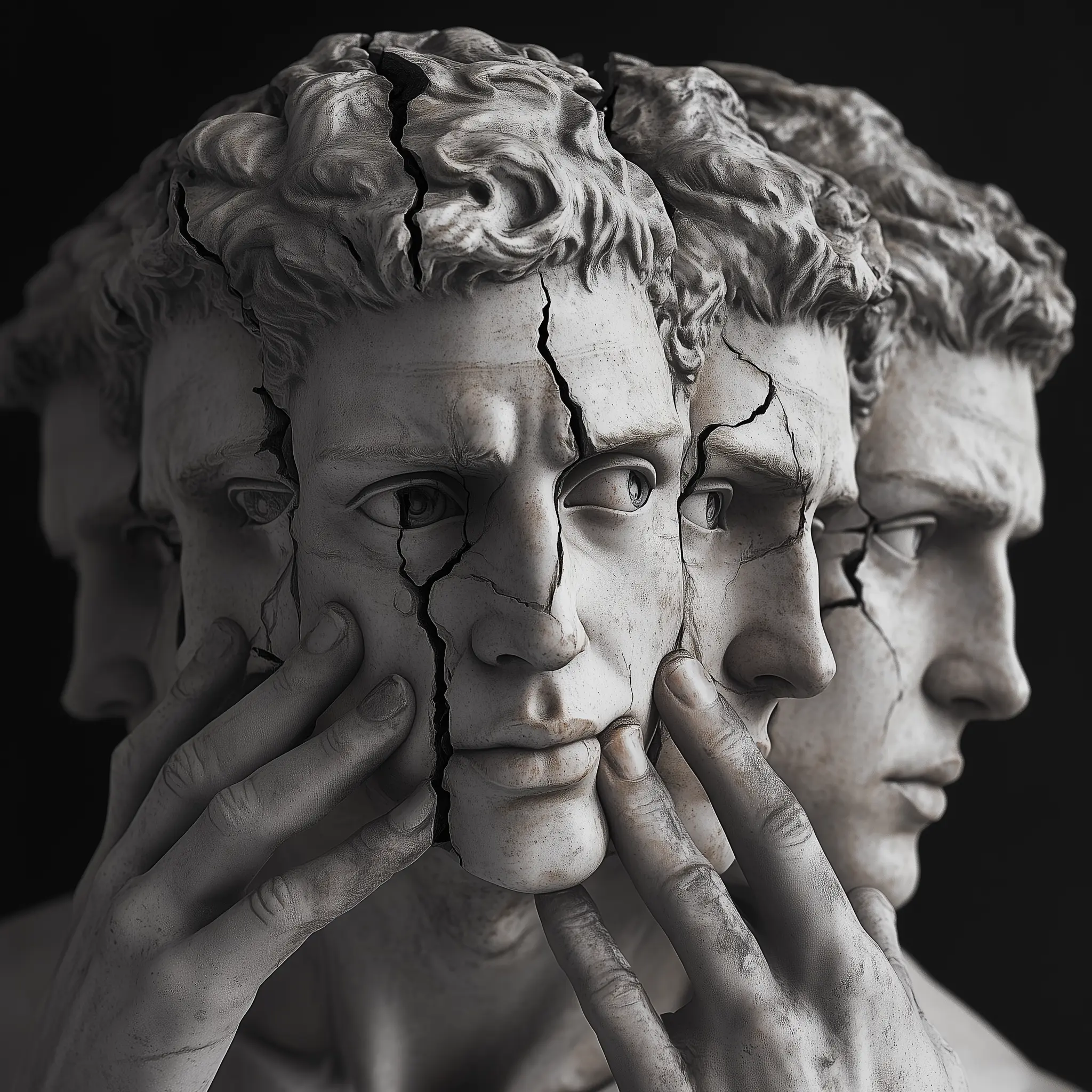 A greek statue looking in a shattered mirror