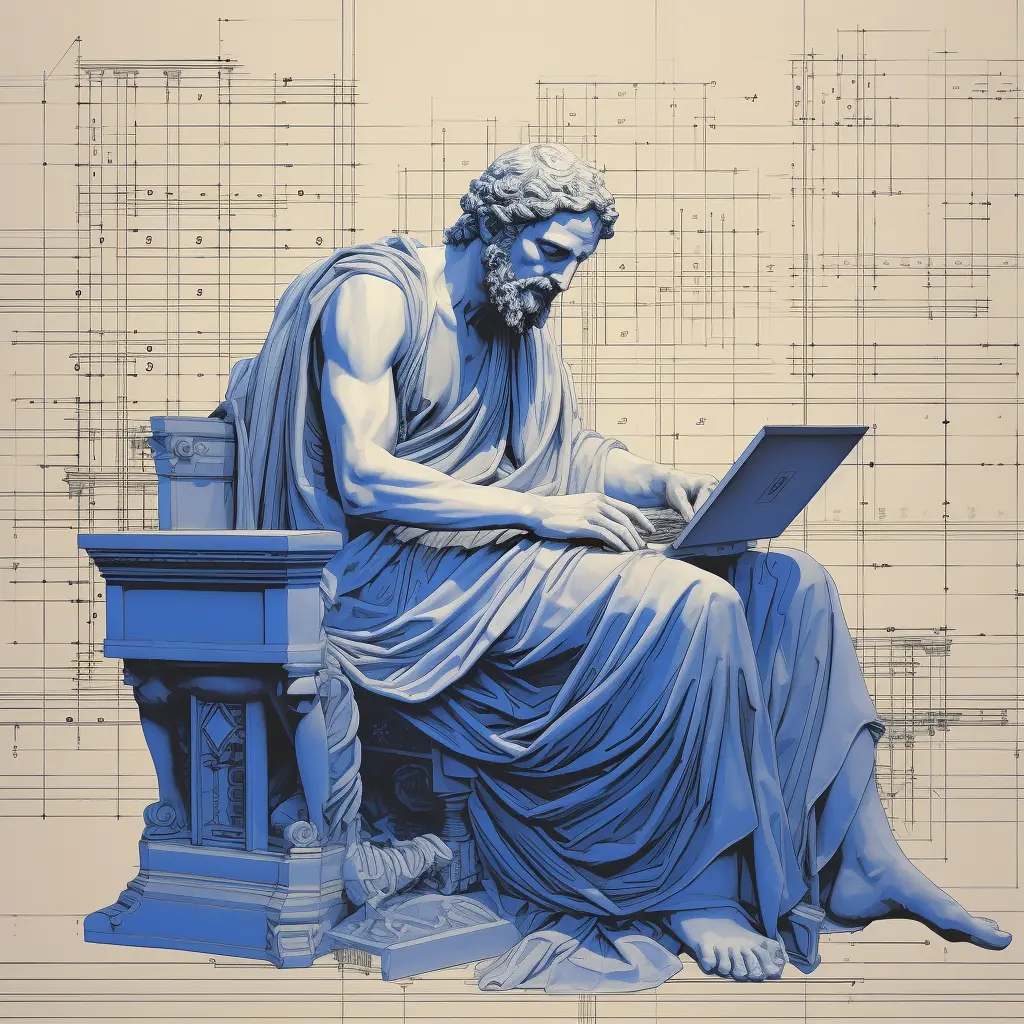 a Greek statue on his laptop reading the comments