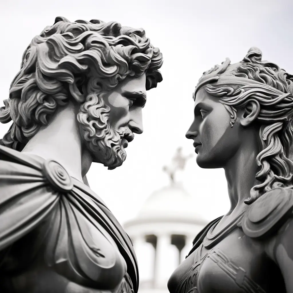 two greek statues looking at each other