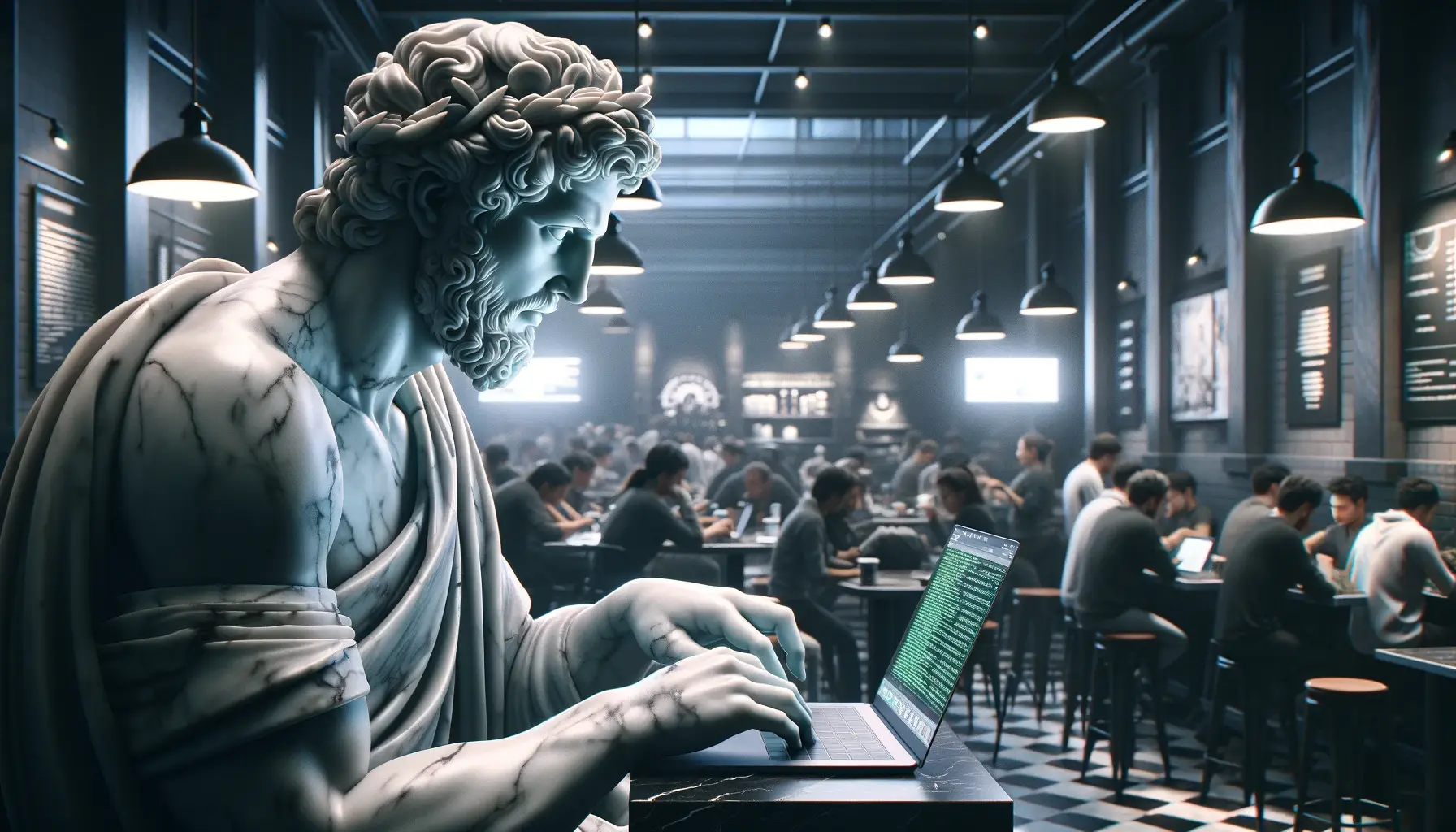 Greek statue of a hacker working at a coffee shop