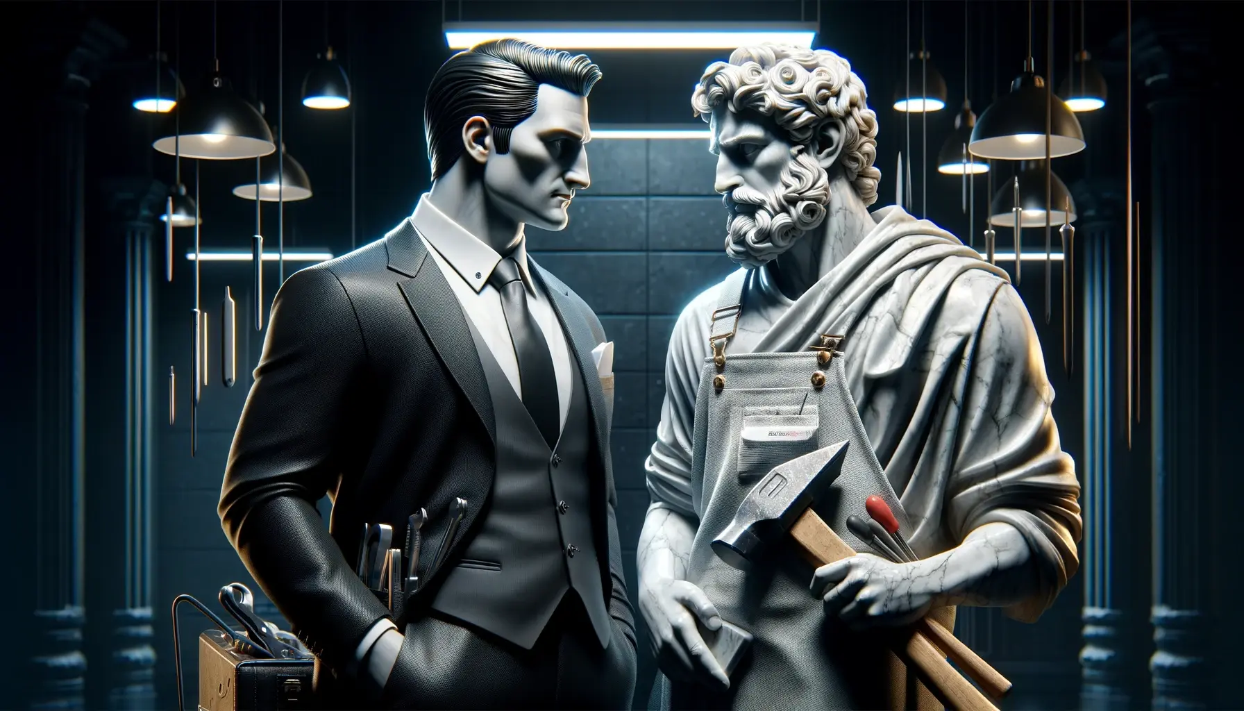 Greek statues of a blacksmith and a businessman meeting