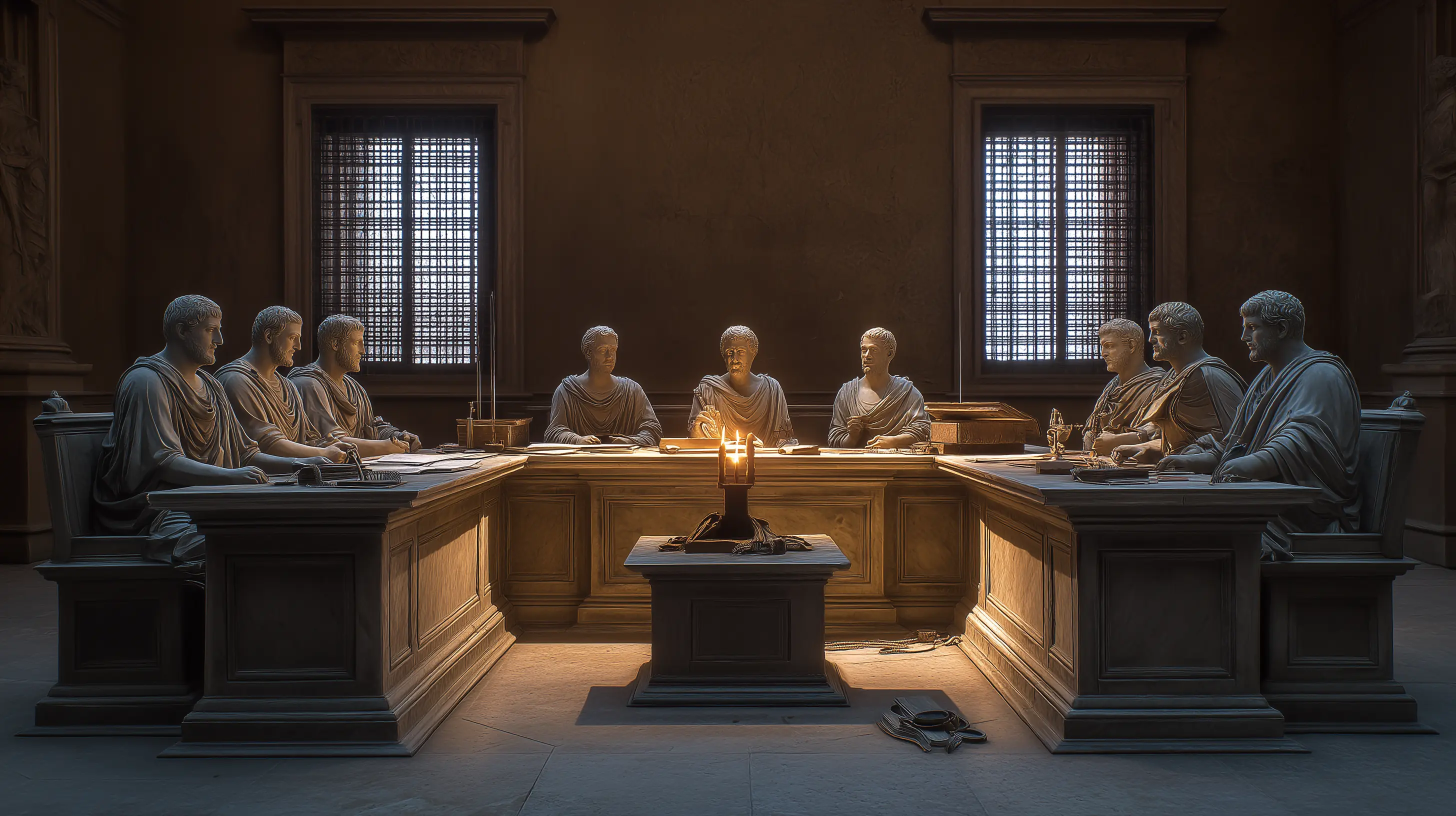 Nine Greek bust statues in a classroom viewing one candle through different colored lenses