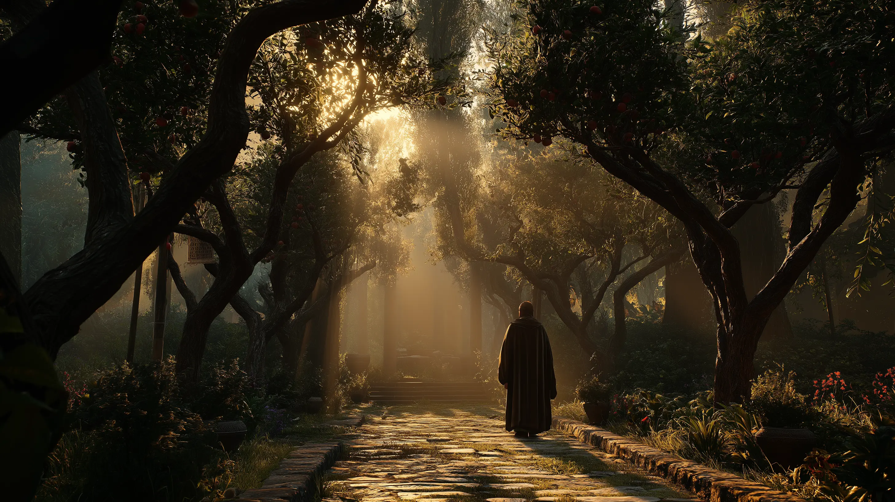 Ancient figure standing in a garden at dawn being confronted with a question